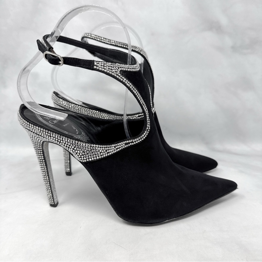 Rene Caovilla Strass Embellished Suede Pointed Toe Open Back Ankle Bootie Heels